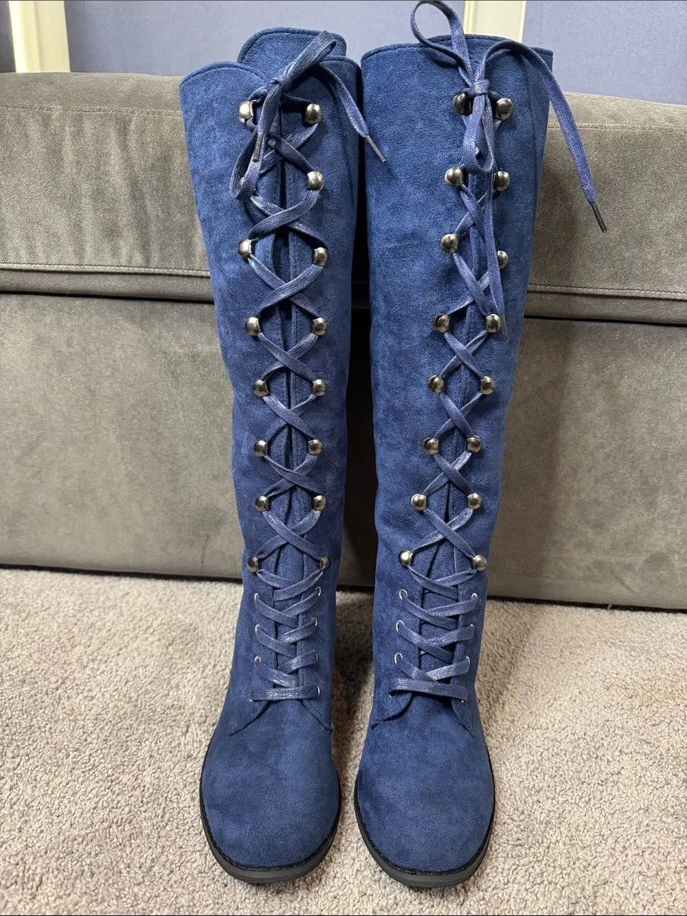 Tall Blue Faux Suede Lace-Up Women’s Boots Size 7 (38) NEW